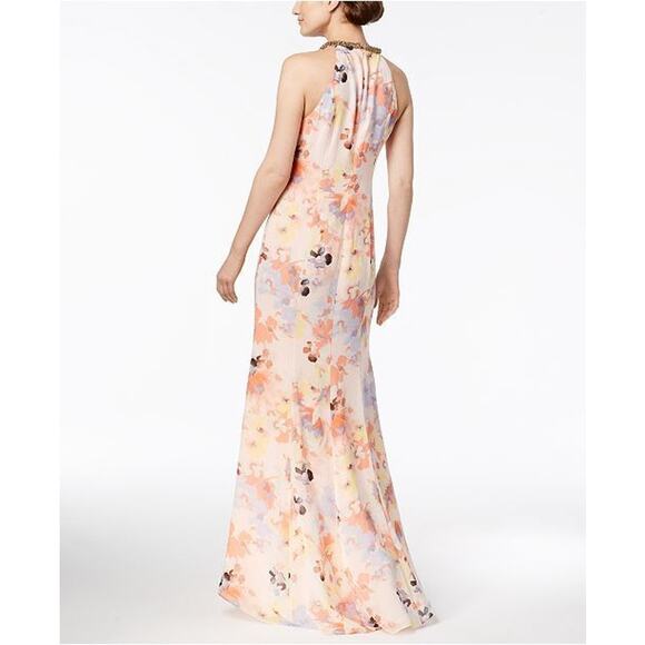 Calvin Klein Chiffon Floral Print Beaded Halter Draped Maxi Dress Pink Size 12 - Picture 2 of 8